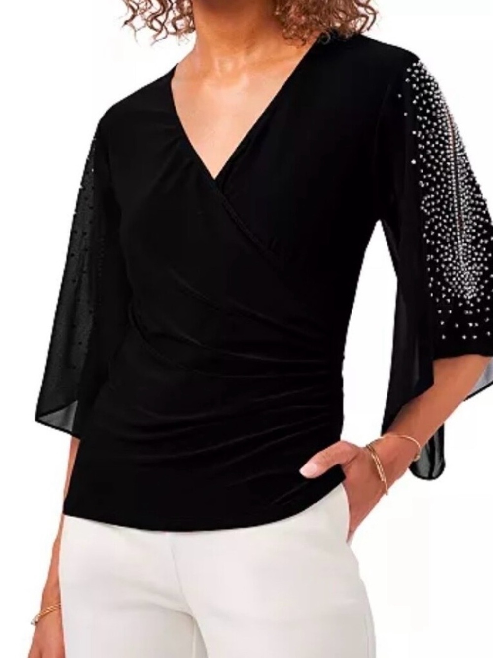 MSK Black Wrap V-Neck Top with Embellished Sheer Sleeves